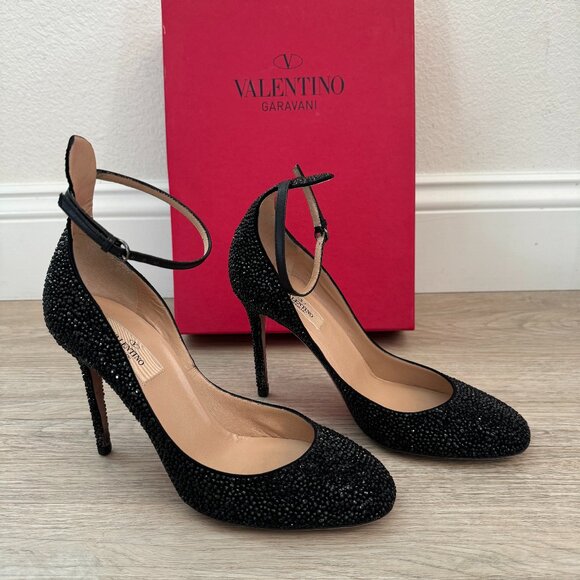 VALENTINO Black Crystal Embellished Ankle Strap Pumps - EU 39 - Picture 1 of 16
